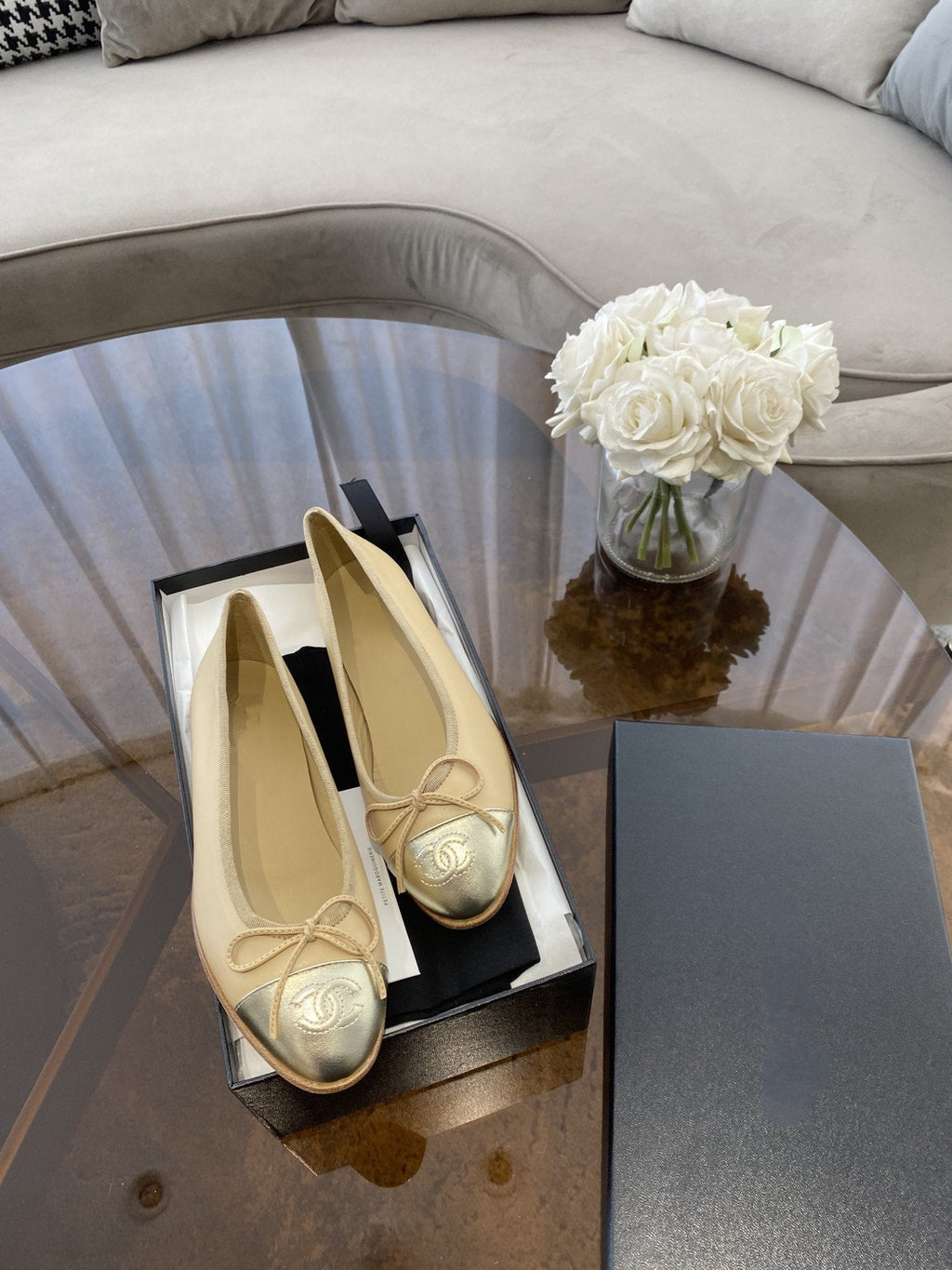 CHANEL BALLET FLATS BEIGE SILVER LAMBSKIN CANVAS