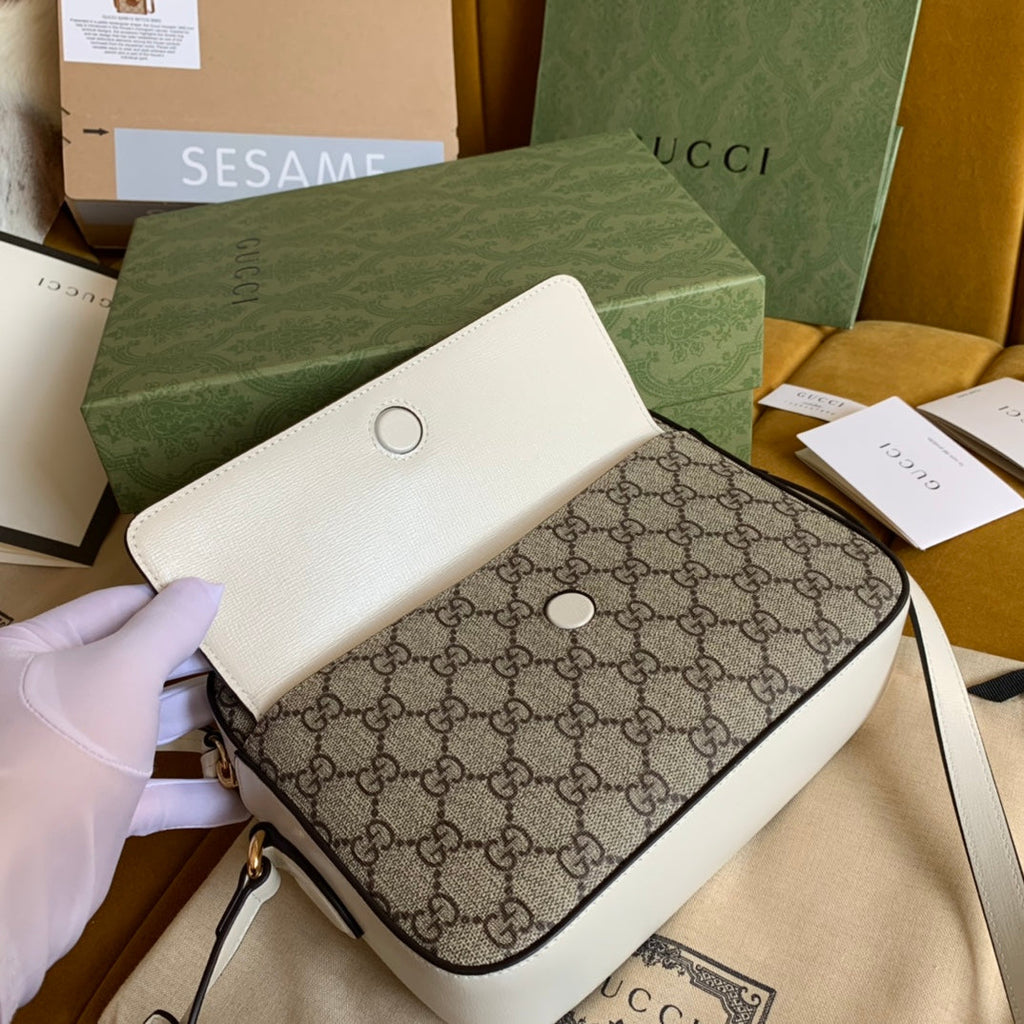 GUCCI HORSEBIT 1955 HANDBAG 22 BROWN CANVAS AND WHITE CALFSKIN