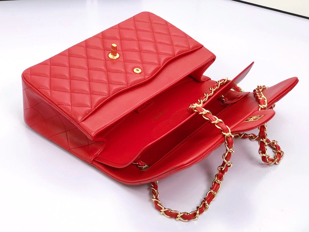 CHANEL FLAP BAG JUMBO 30CM RED LAMBSKIN GOLD HARDWARE