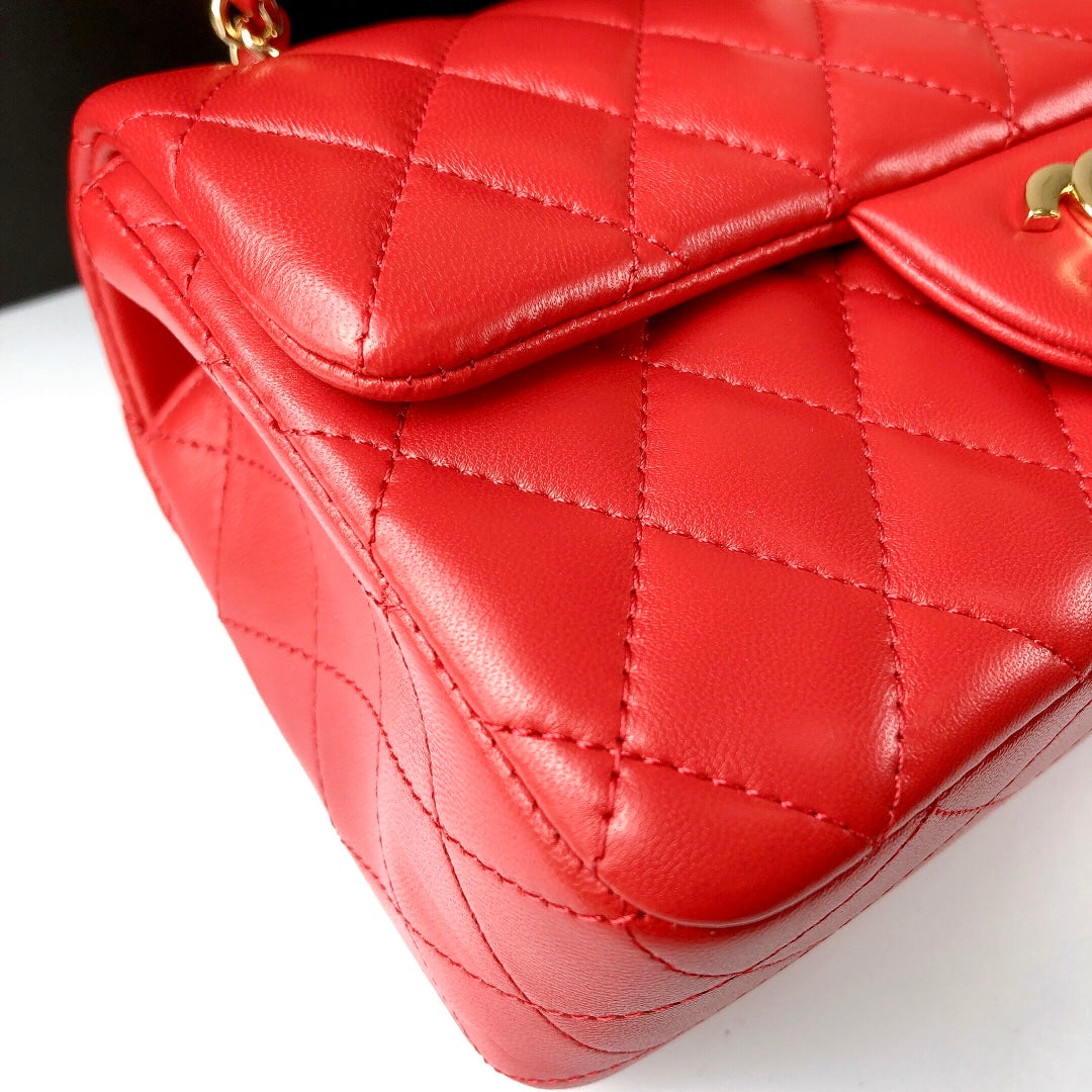 CHANEL MINI RECTANGLE FLAP BAG 20CM RED LAMBSKIN GOLD HARDWARE