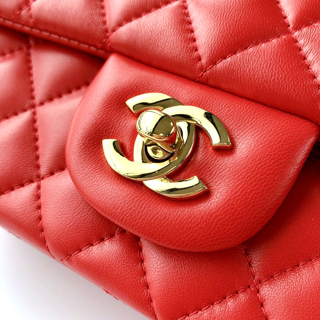 CHANEL MINI RECTANGLE FLAP BAG 20CM RED LAMBSKIN GOLD HARDWARE