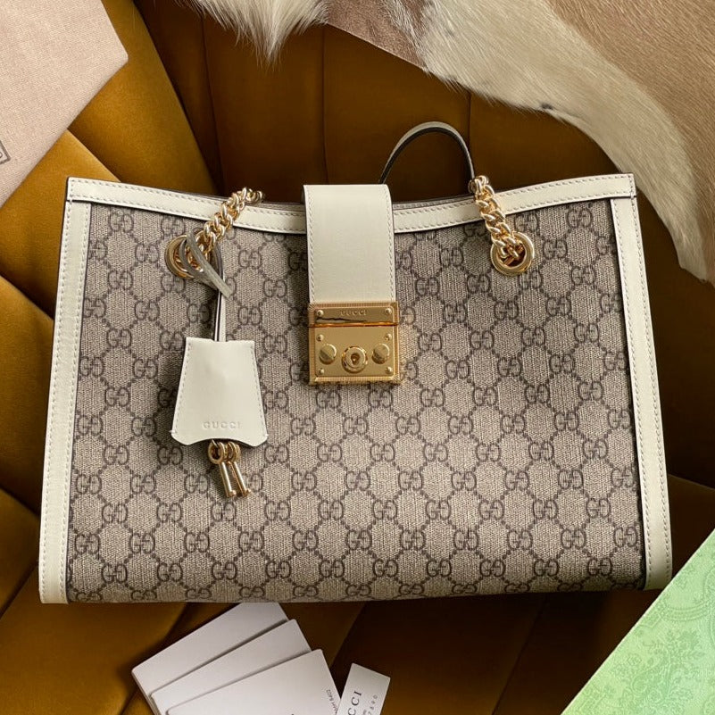 GUCCI PADLOCK LARGE 35 SHOULDER BAG BEIGE CANVAS AND WHITE CALFSKIN