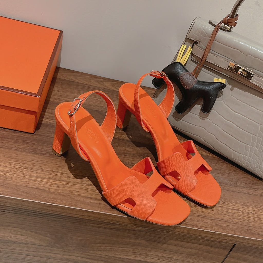 HERMES HOLY 75 SANDAL IN VIVID ORANGE GRAINED CALFSKIN