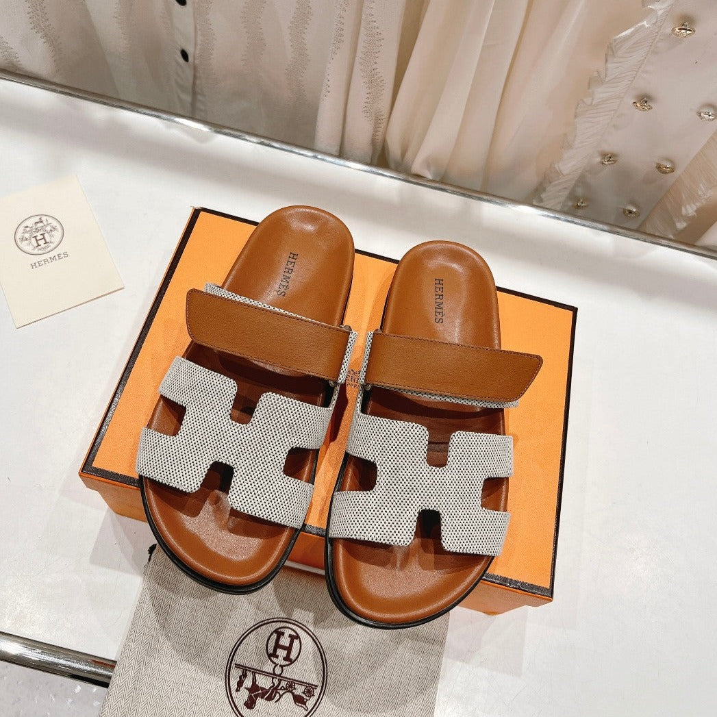 HERMES CHYPRE SANDAL BRIGHT BROWN LAMBSKIN AND SILVER DENIM