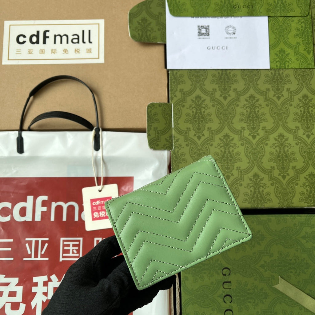 GUCCI MARMONT QUILTED WALLET 11 IN LIGHT GREEN LAMBSKIN