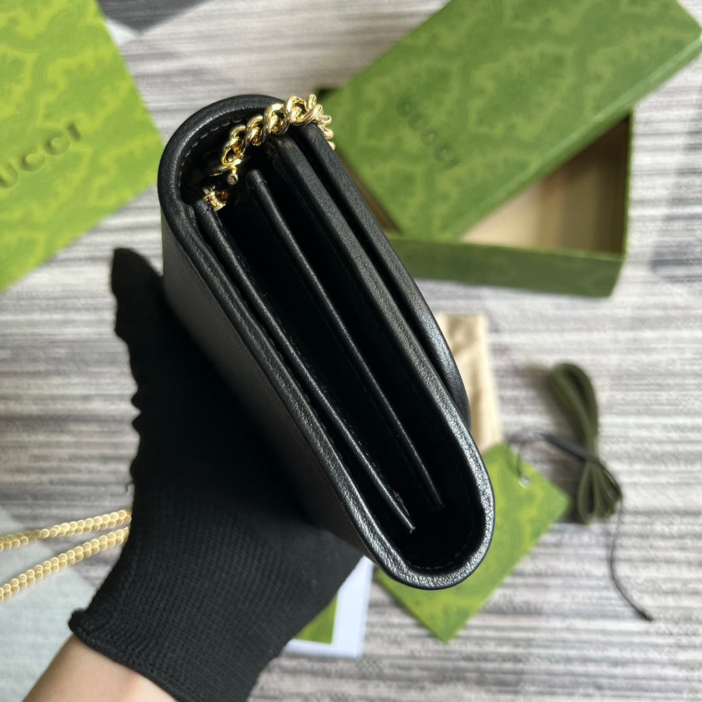 GUCCI BLONDIE INTERLOCK MINI SHOULDER BAG 12 IN BLACK CALFSKIN GOLD CHAIN