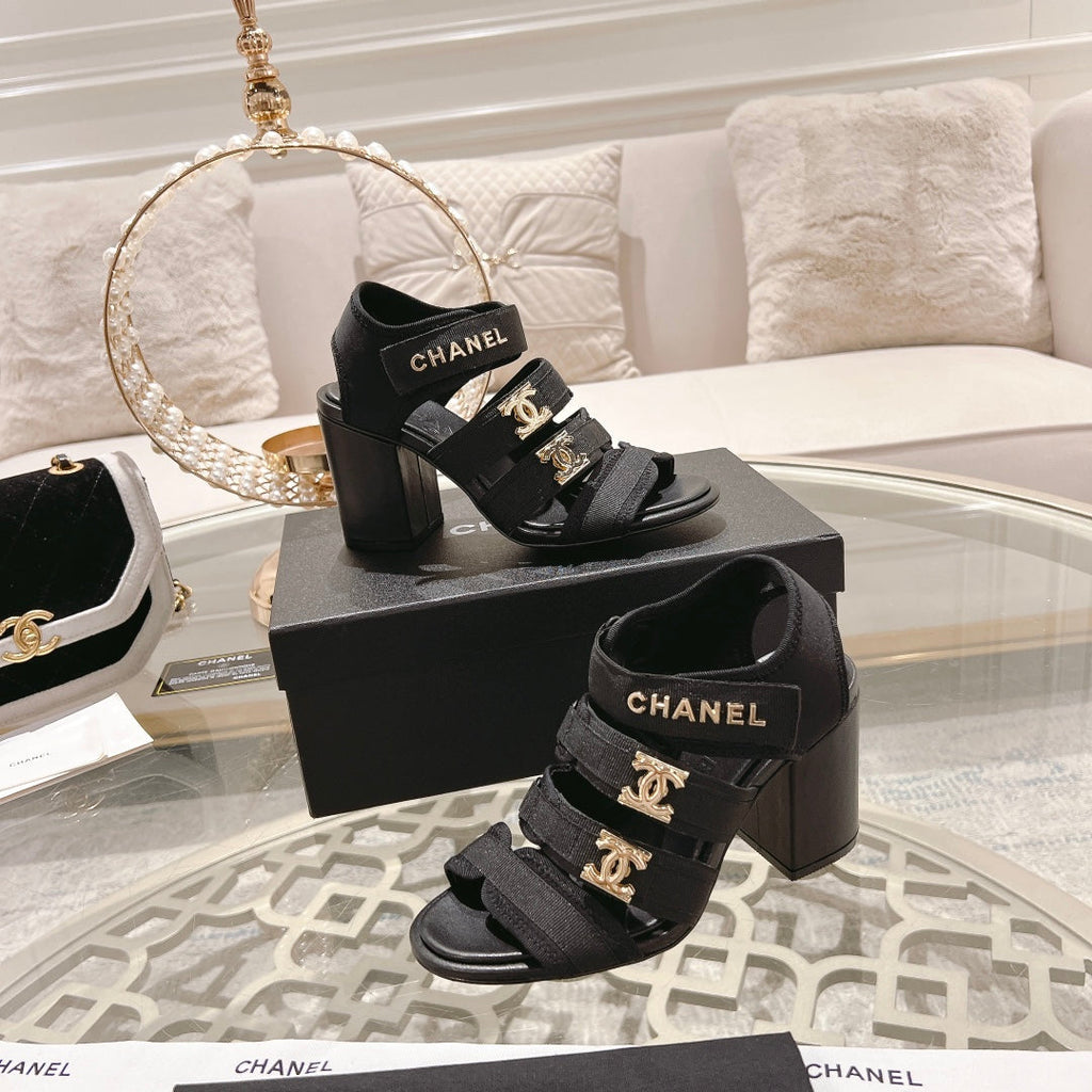CHANEL Double C  Xiaoxiang Chain Fabric Head Chunky Heel Sandals Black Lambskin
