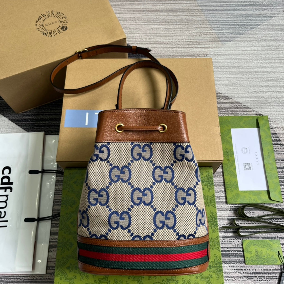 GUCCI OPHIDIA SMALL 26 BUCKET BAG IN BEIGE CANVAS AND BROWN CALFSKIN