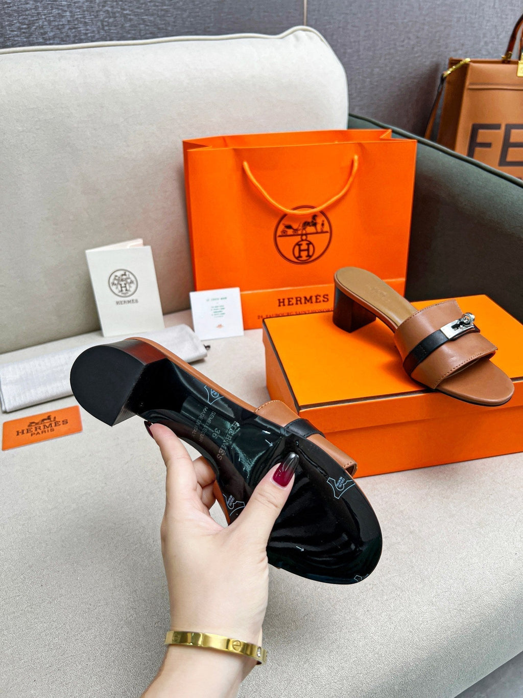 HERMES Gigi 50 Sandal Tan Black Calfskin