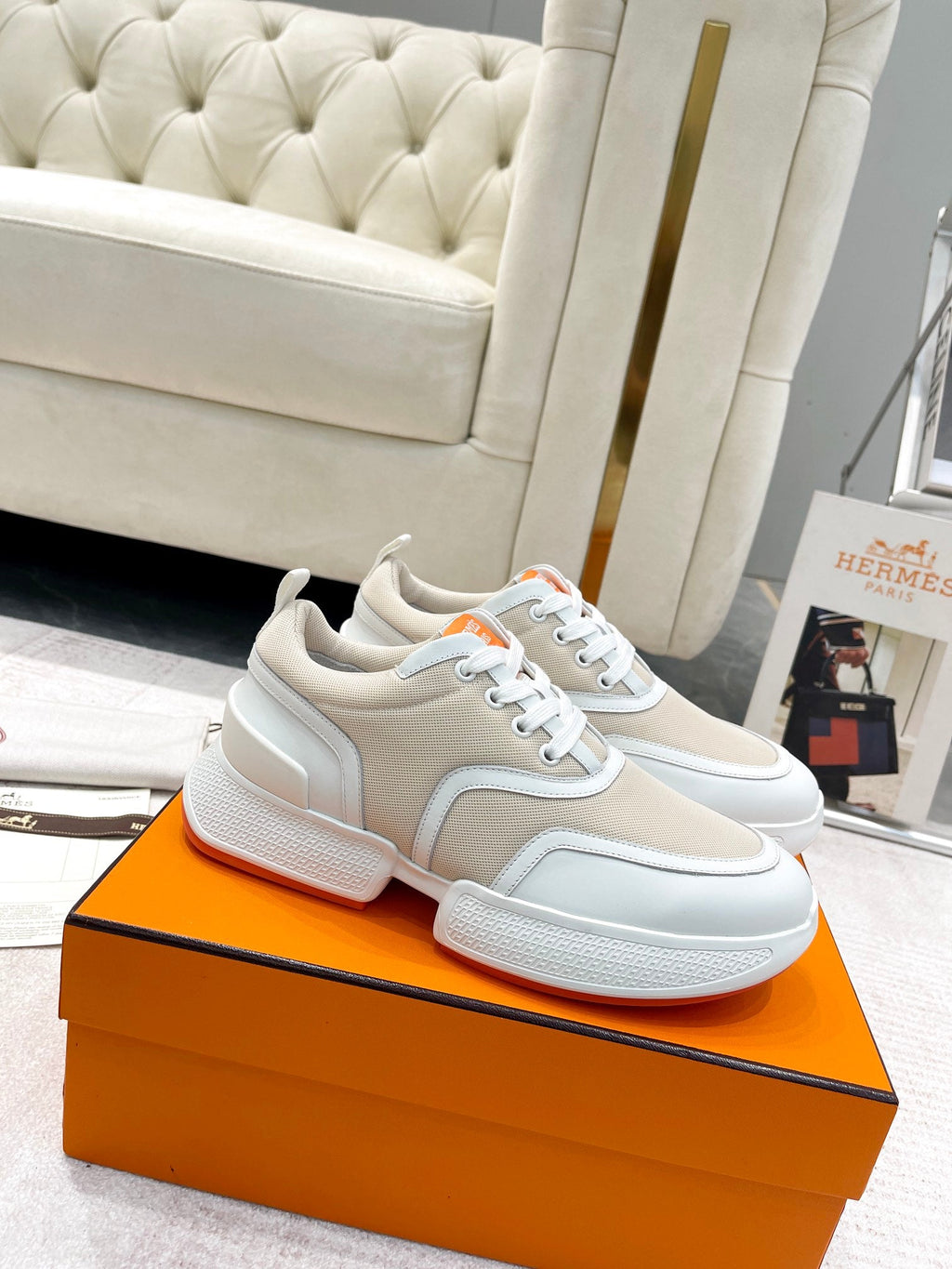 HERMES GIGA SNEAKER IN TAN BROWN STITCHED MESH AND WHITE CALFSKIN