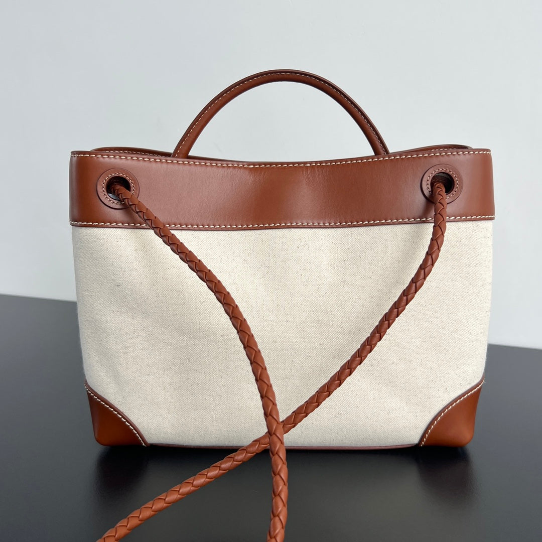 BOTTEGA VENETA SMALL ANDIAMO 25 IN WHITE BROWN CALFSKIN AND CANVAS