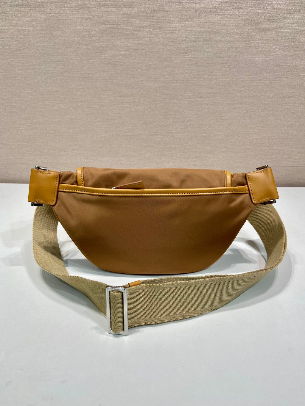 PRADA BELT BAG 18 IN SEPIA BROWN RE-NYLON AND CALFSKIN TRIM