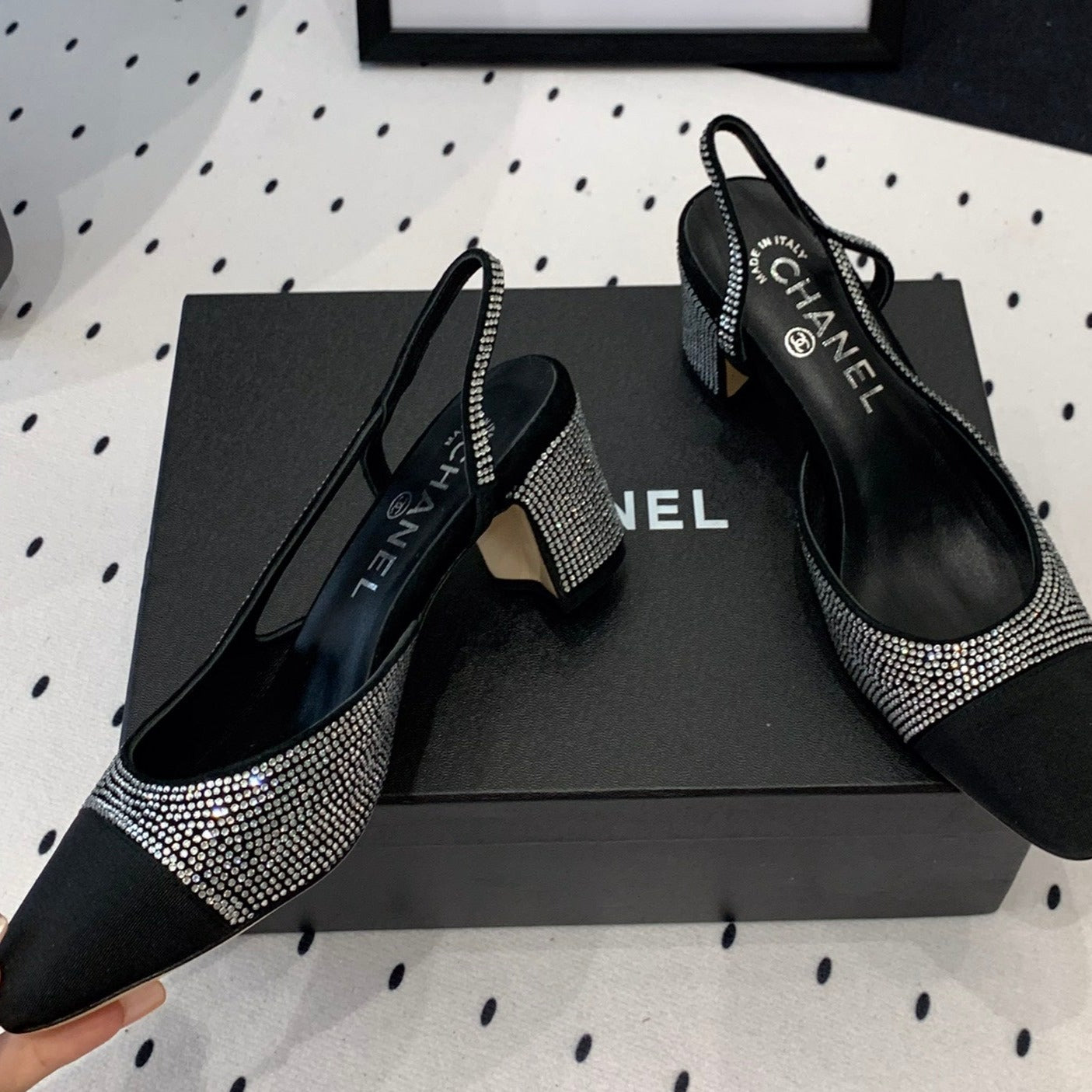 CHANEL Double  Rhinestone Slingback Sheepskin Silver Black