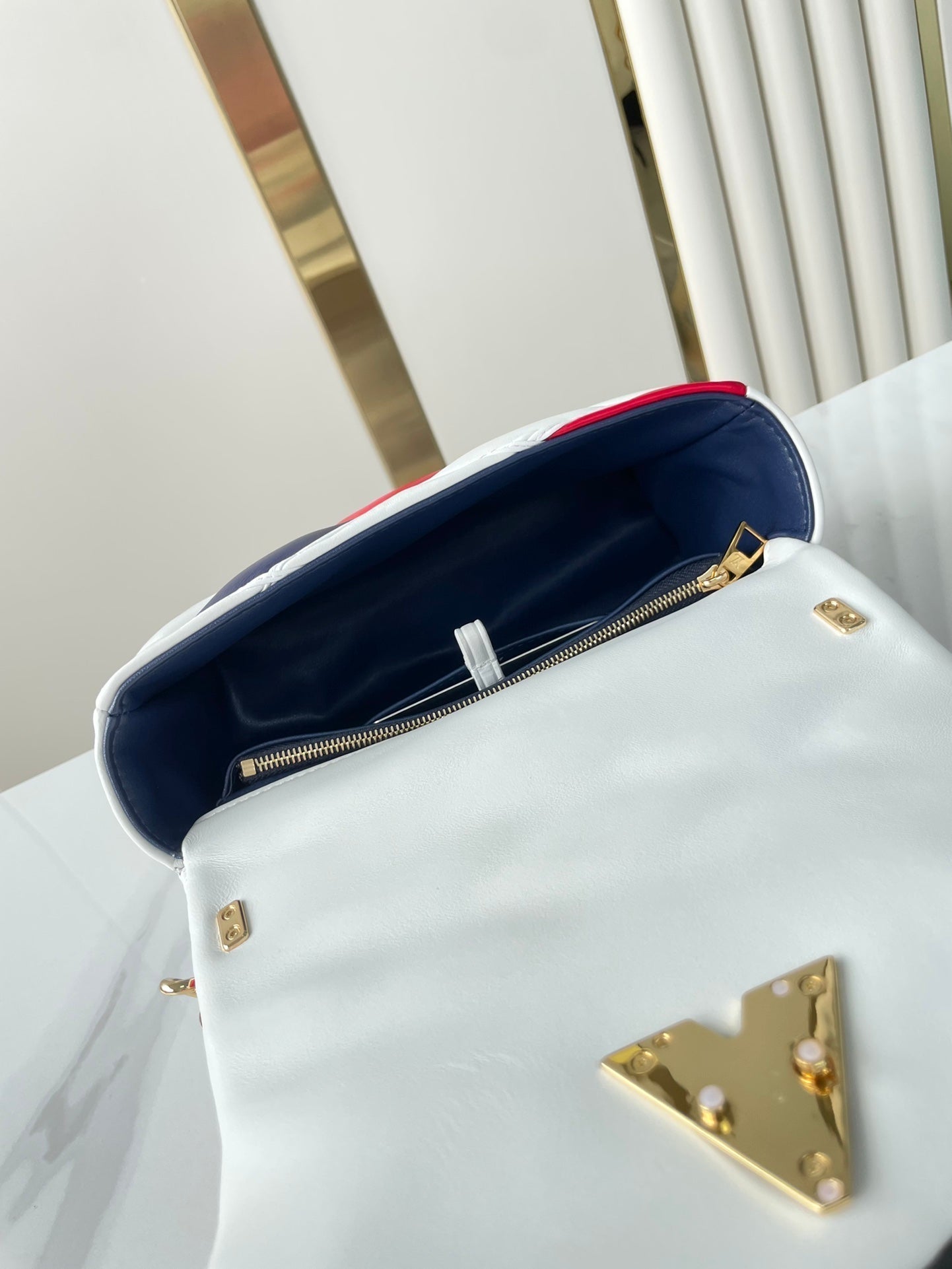 LOUIS VUITTON GO-14 MM 23 IN WHITE RED MIX NAVY BLUE QUILTED LAMBSKIN GOLD HARDWARE