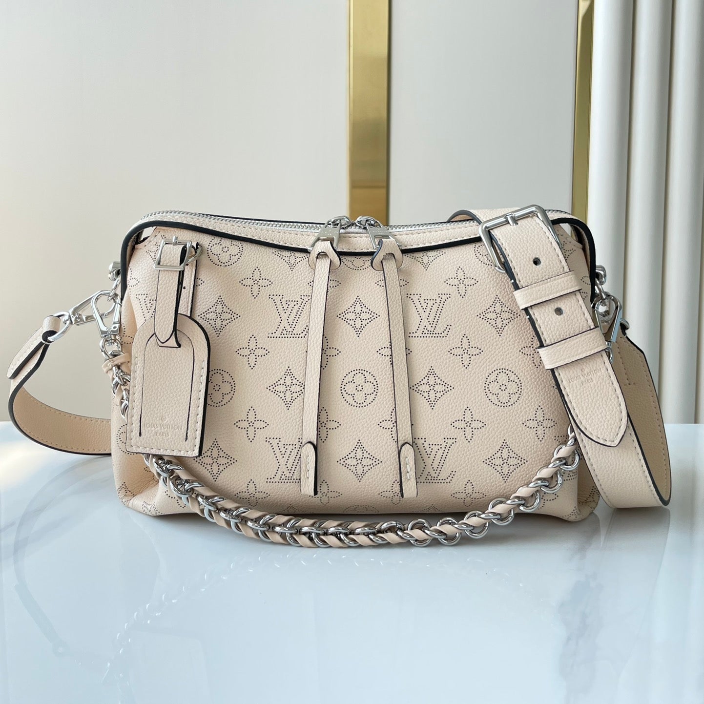 LOUIS VUITTON HAND IT ALL PM 29 IN BEIGE MONOGRAM PERFORATE CALFSKIN SILVER HARDWARE