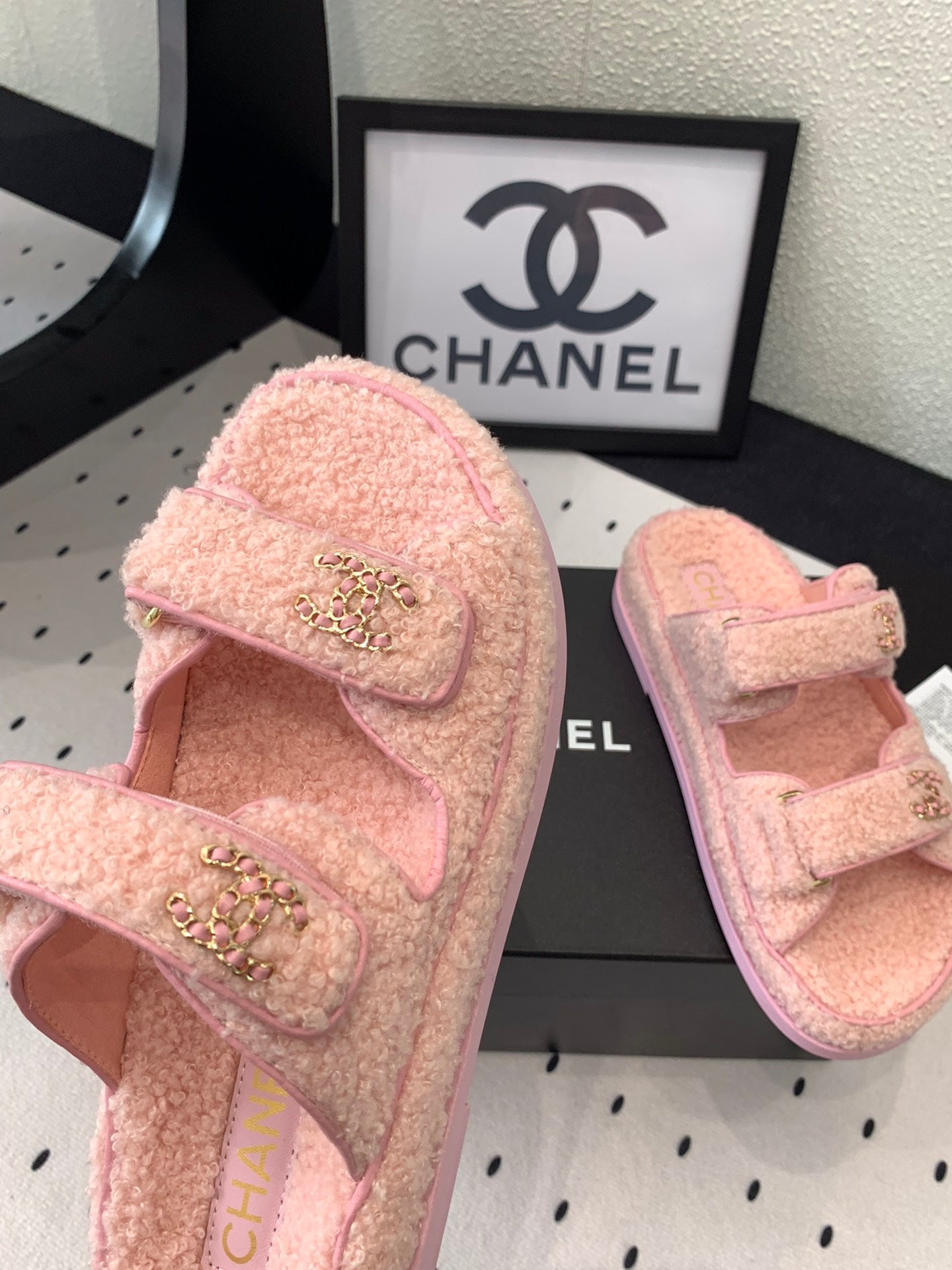 CHANEL DAD SANDAL MULE IN ROSE PINK LAMB FUR