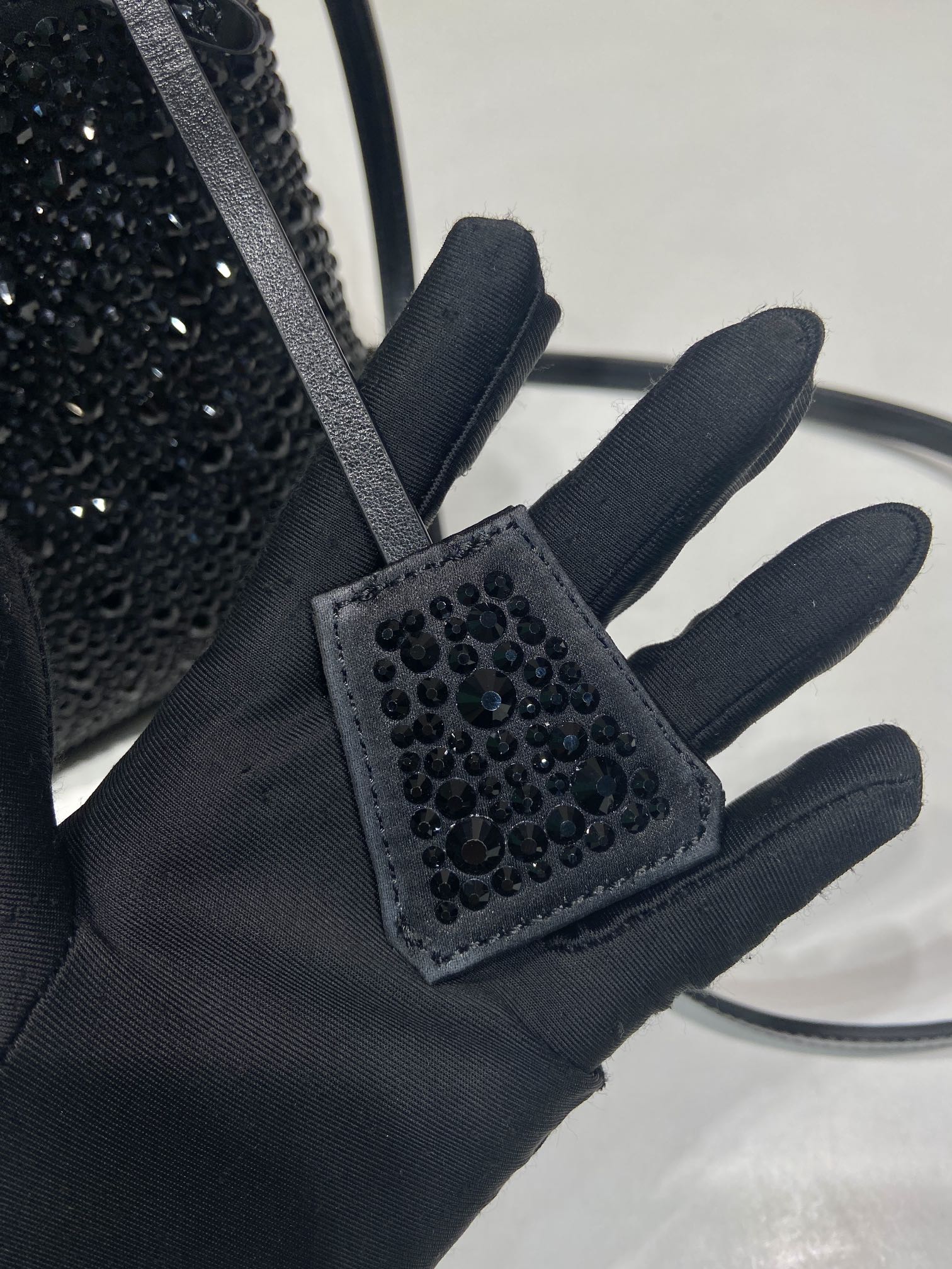 PRADA PANIER BUCKET BAG 16 IN BLACK CALFSKIN ATTACHED FULL CRYSTALS