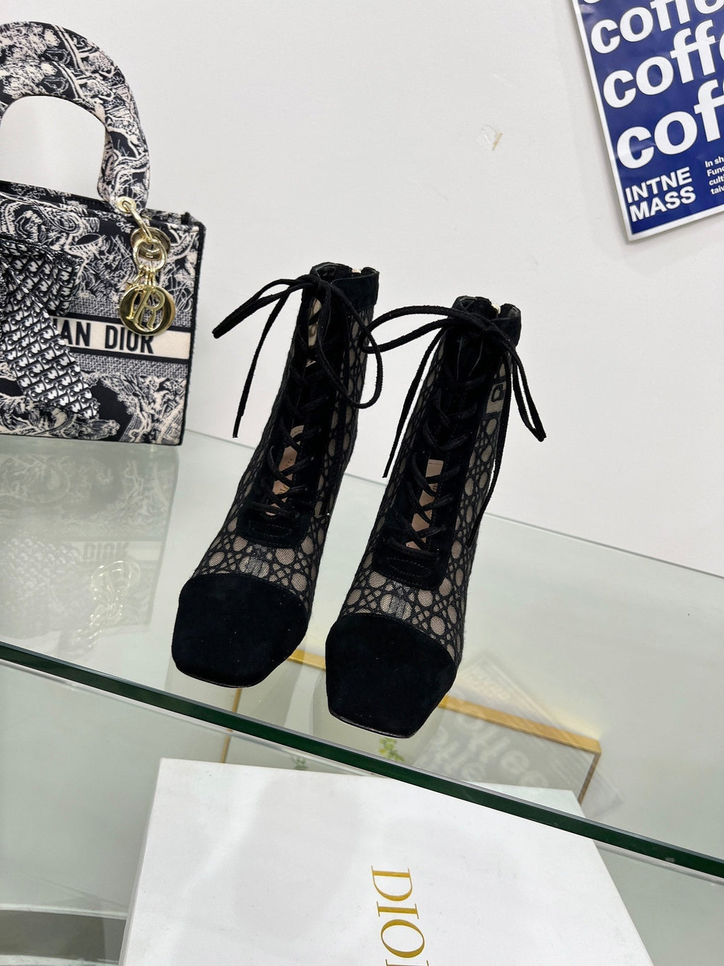 DIOR NAUGHTILY-D HEELED ANKLE BOOT IN BLACK CANNAGE MOTIF MESH AND SUEDE 8 CM