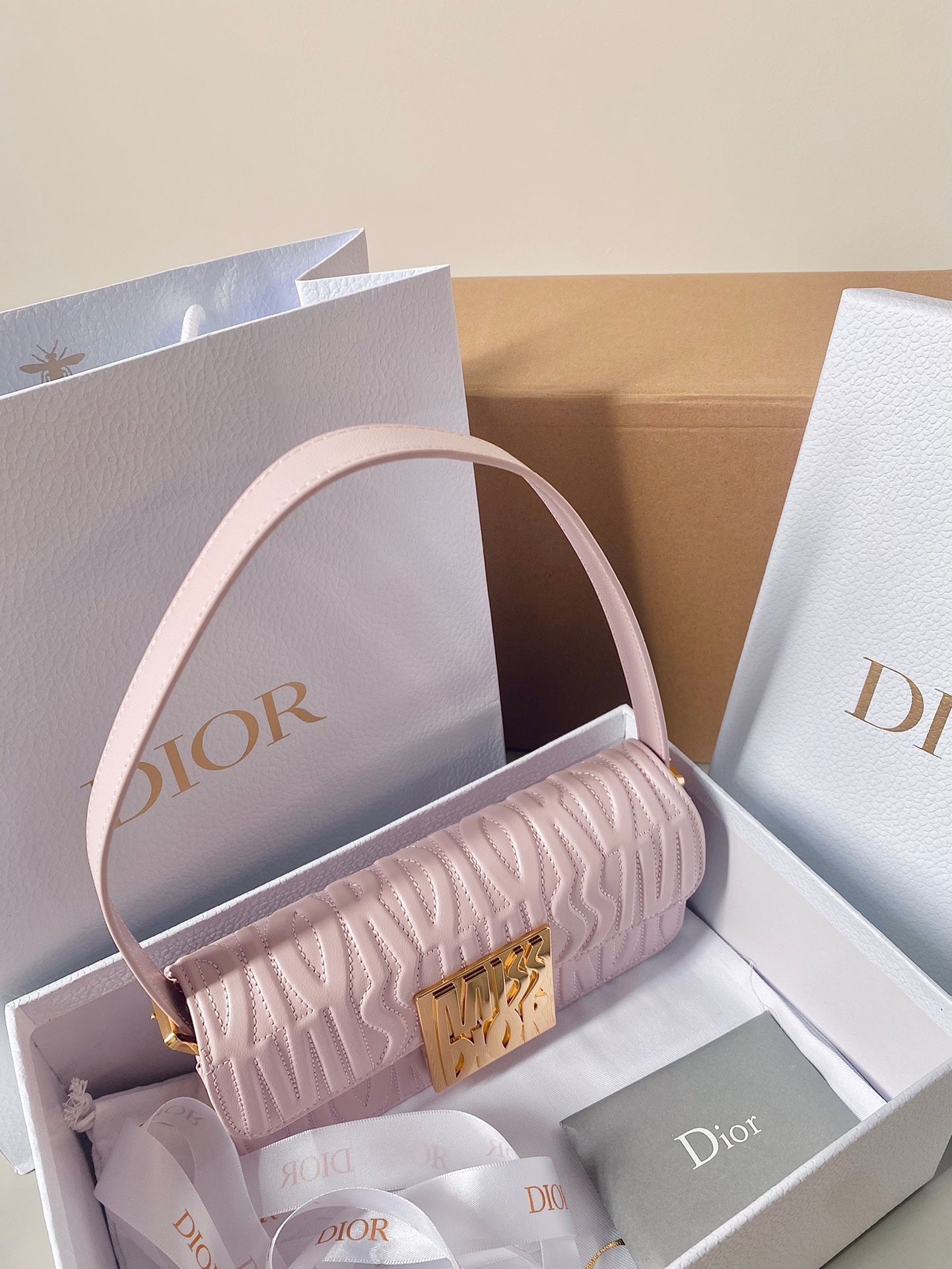 DIOR MEDIUM FLAP BAG 22 IN BABY PINK QUILTED ALLOVER CALFSKIN