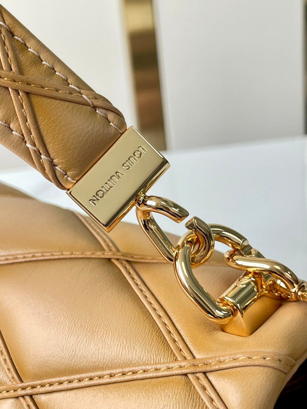 LOUIS VUITTON GO-14 PM 20 IN LIGHT FAWN QUILTED LAMBSKIN GOLD HARDWARE