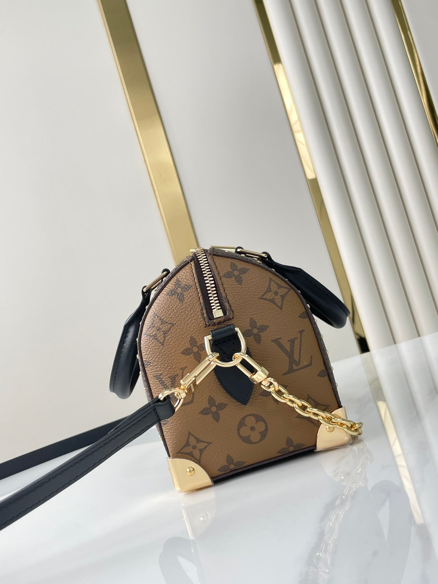 LOUIS VUITTON SPEEDY TRUNK 20 IN BROWN MONOGRAM CANVAS AND BLACK CALFSKIN TRIM GOLD BUCKLE