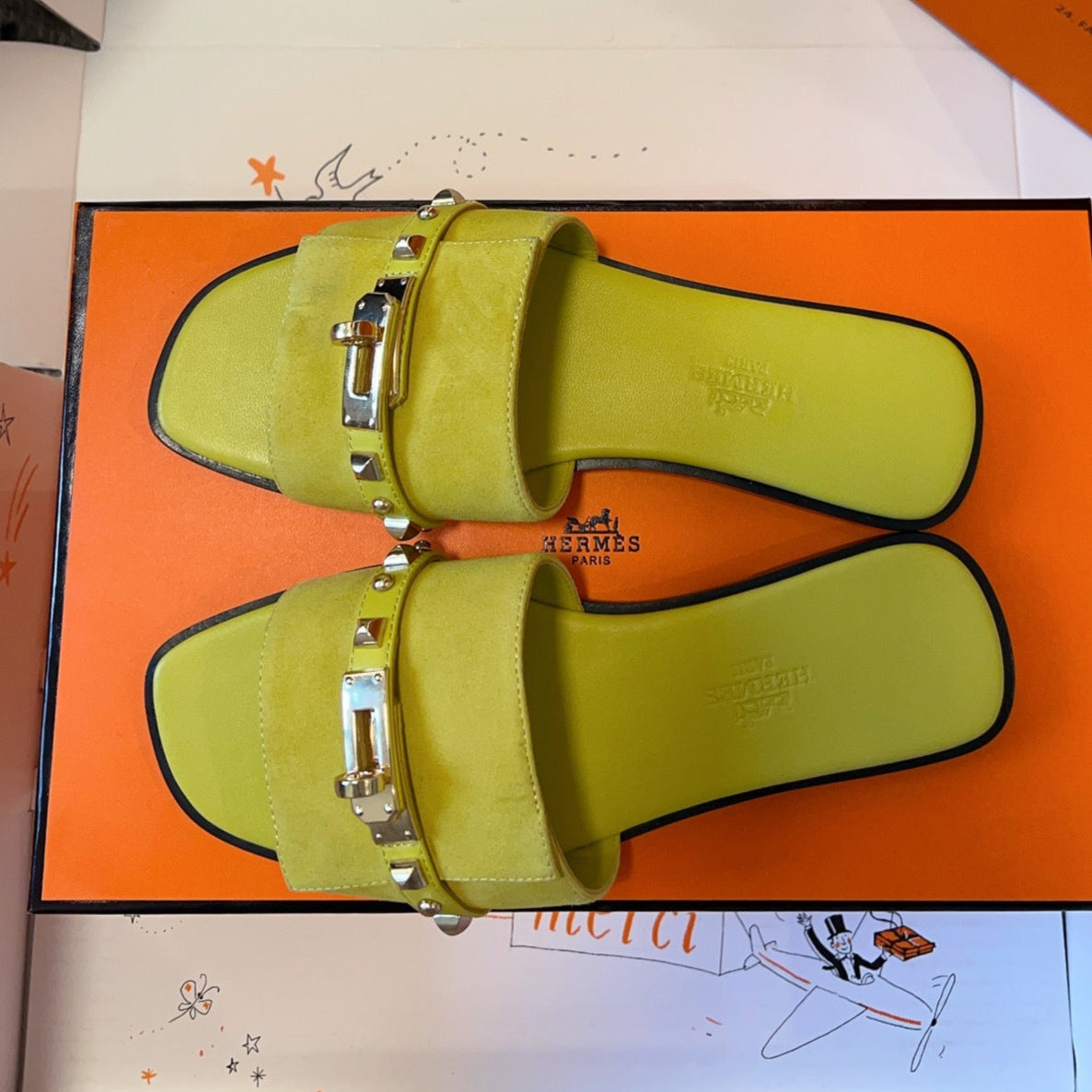 HERMES GIULIA FLAT SANDAL IN NEON YELLOW SUEDE