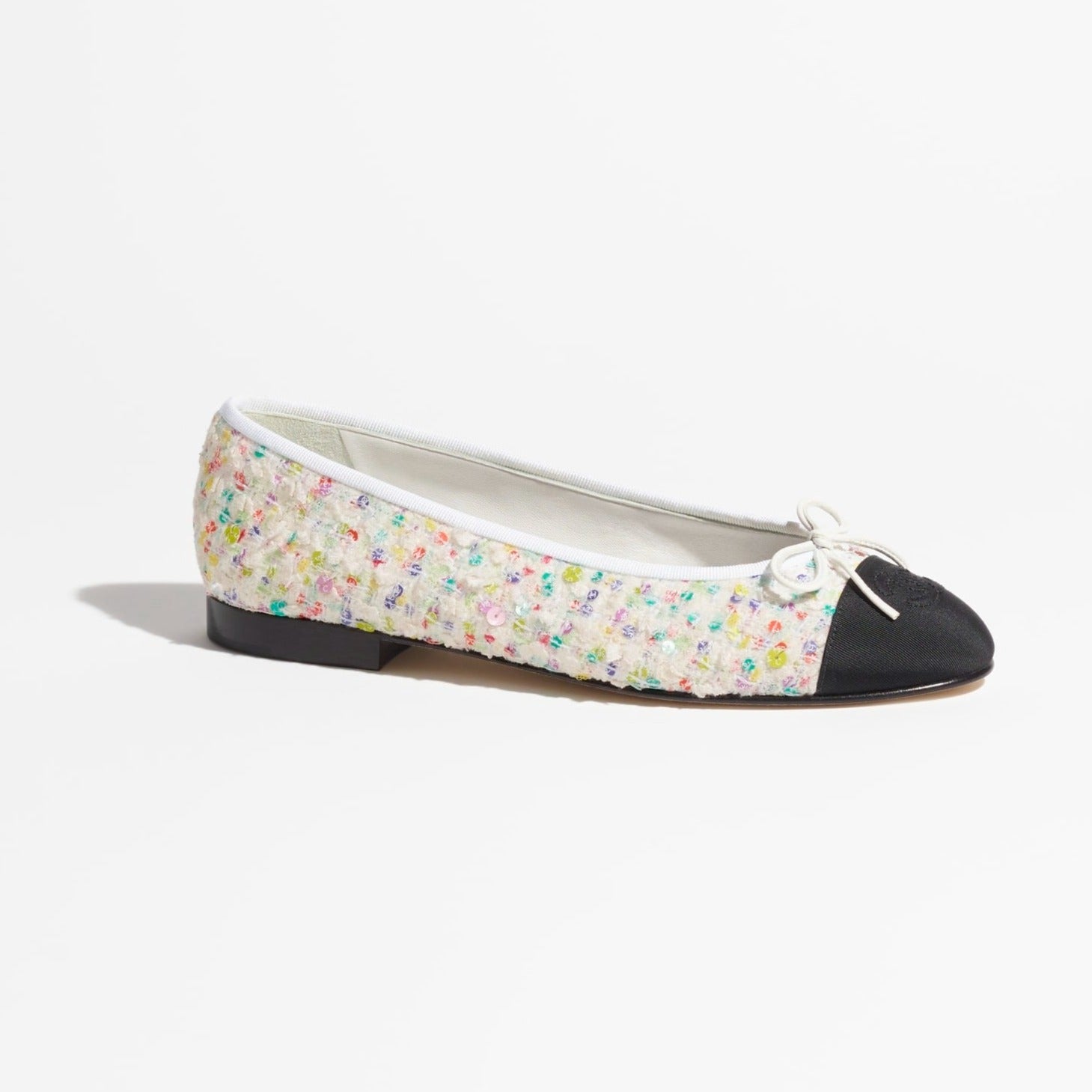 CHANEL BALLET FLATS ECRU MULTICOLOR BLACK TWEED