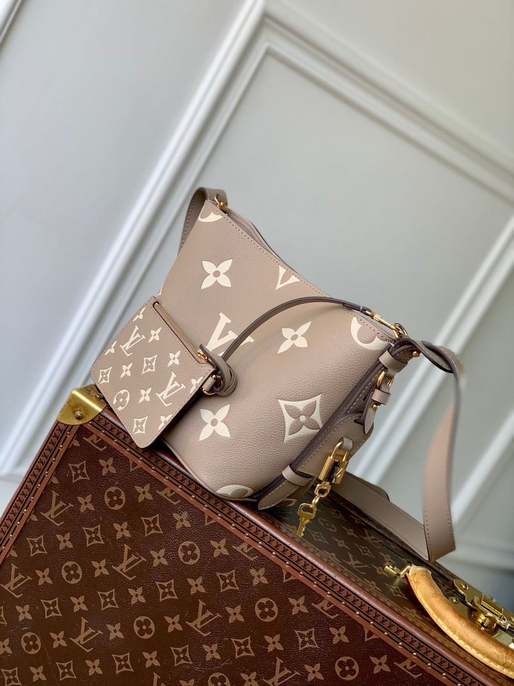 LOUIS VUITTON ALL IN BB BAG 18 IN TOURTERELLE GREY AND CREAM EMBOSSED COWHIDE
