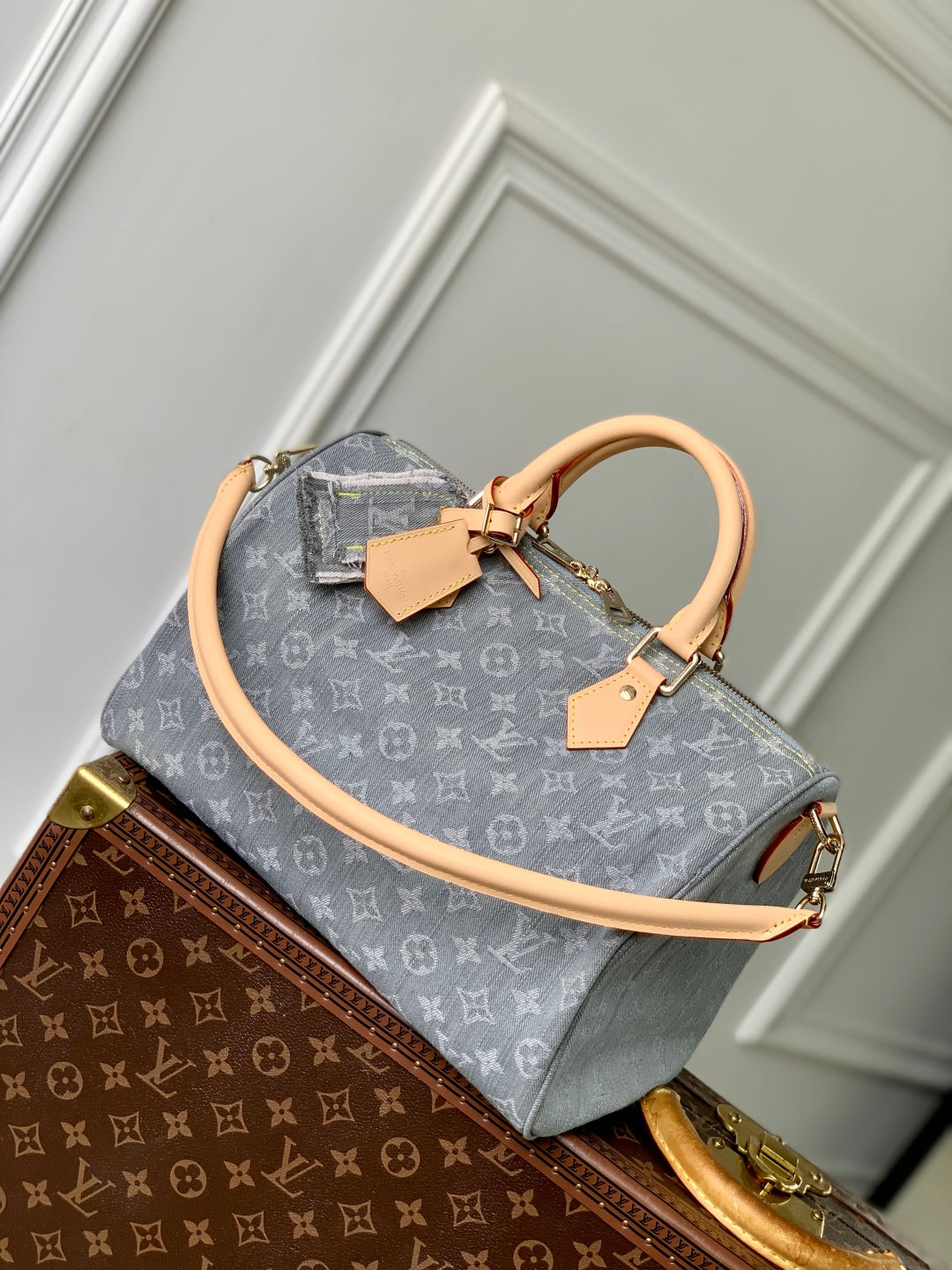 LOUIS VUITTON SPEEDY SOFT 30 IN GREY MONOGRAM DENIM LIGHT BROWN CALFSKIN