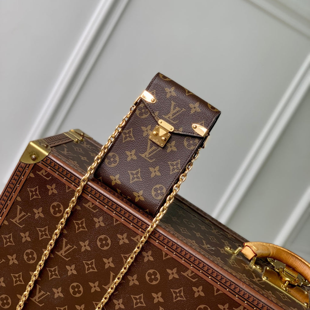 LOUIS VUITTON PHONE POUCH 17.5 IN BROWN MONOGRAM COATED CANVAS AND CALFSKIN
