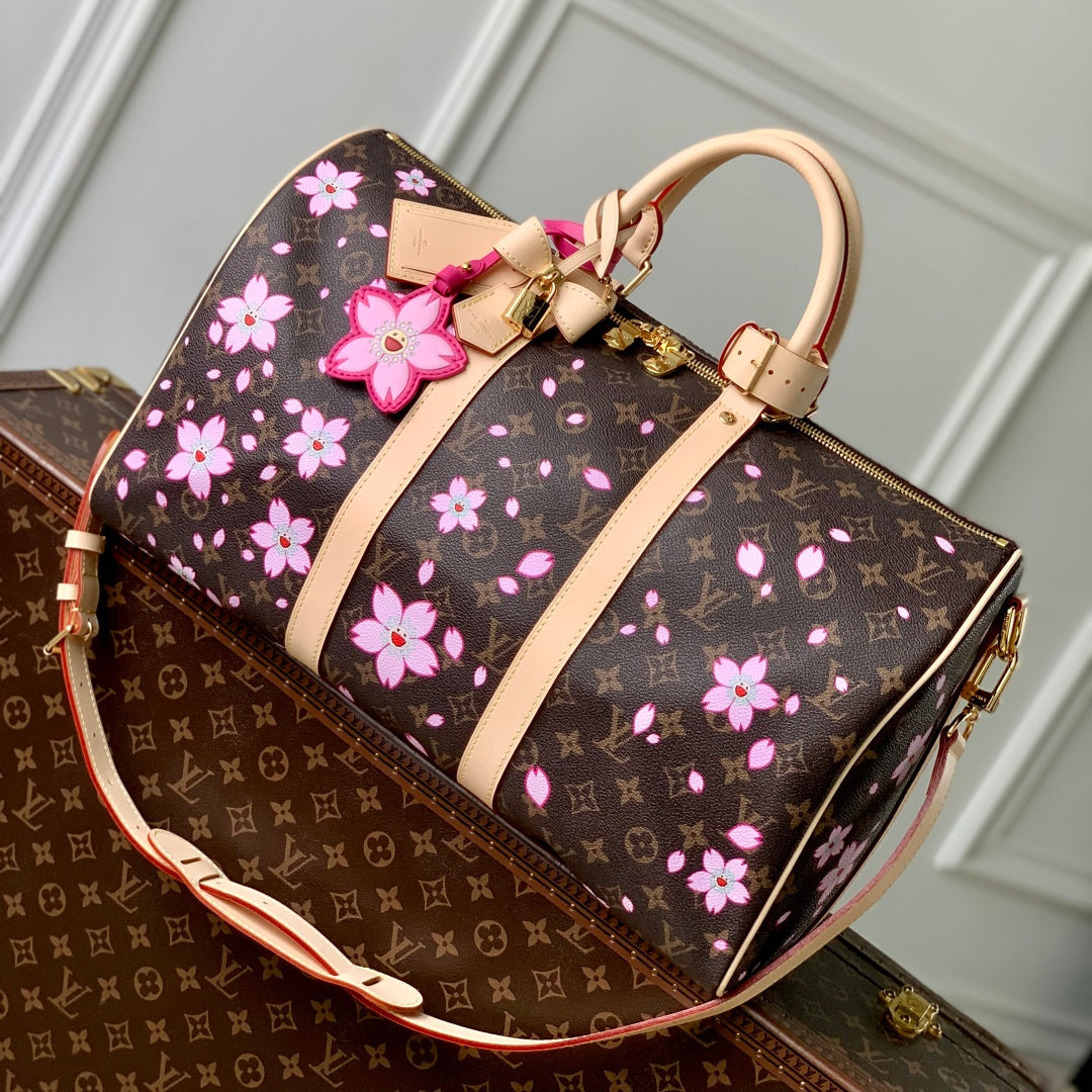 LOUIS VUITTON KEEPALL BANDOULIÈRE CHERRY BLOSSOM 45 IN SAKURA BROWN MONOGRAM COATED CANVAS