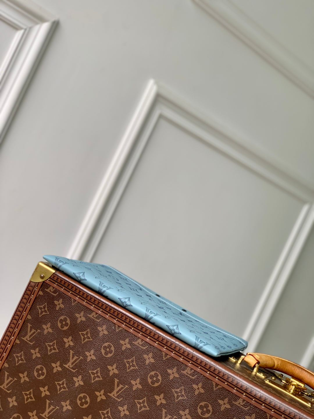 LOUIS VUITTON POCHETTE TO GO 30 IN SKY BLUE MONOGRAM SHADOW CALFSKIN EMBOSSED LOGO