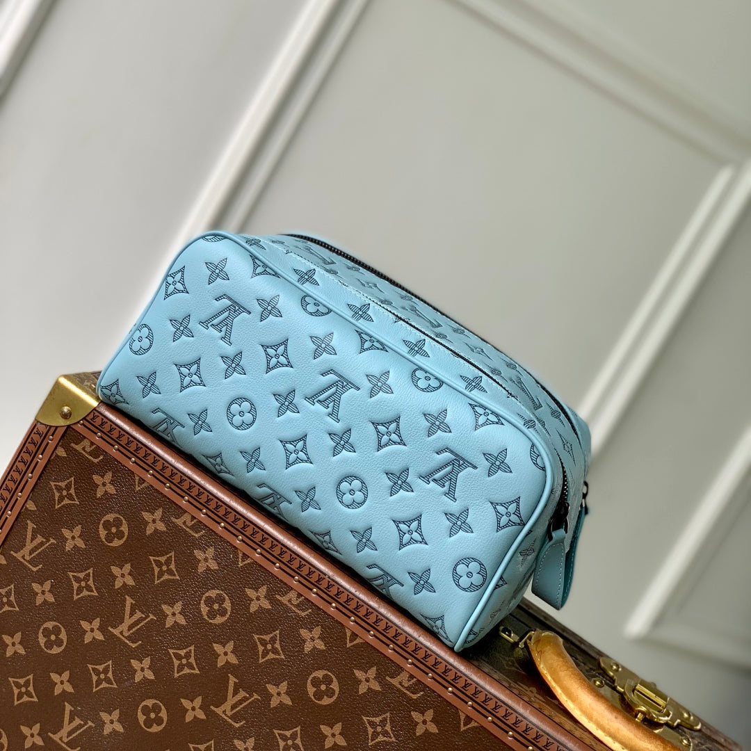 LOUIS VUITTON DOPP KIT 28 IN SKY BLUE MONOGRAM SHADOW CALFSKIN EMBOSSED LOGO