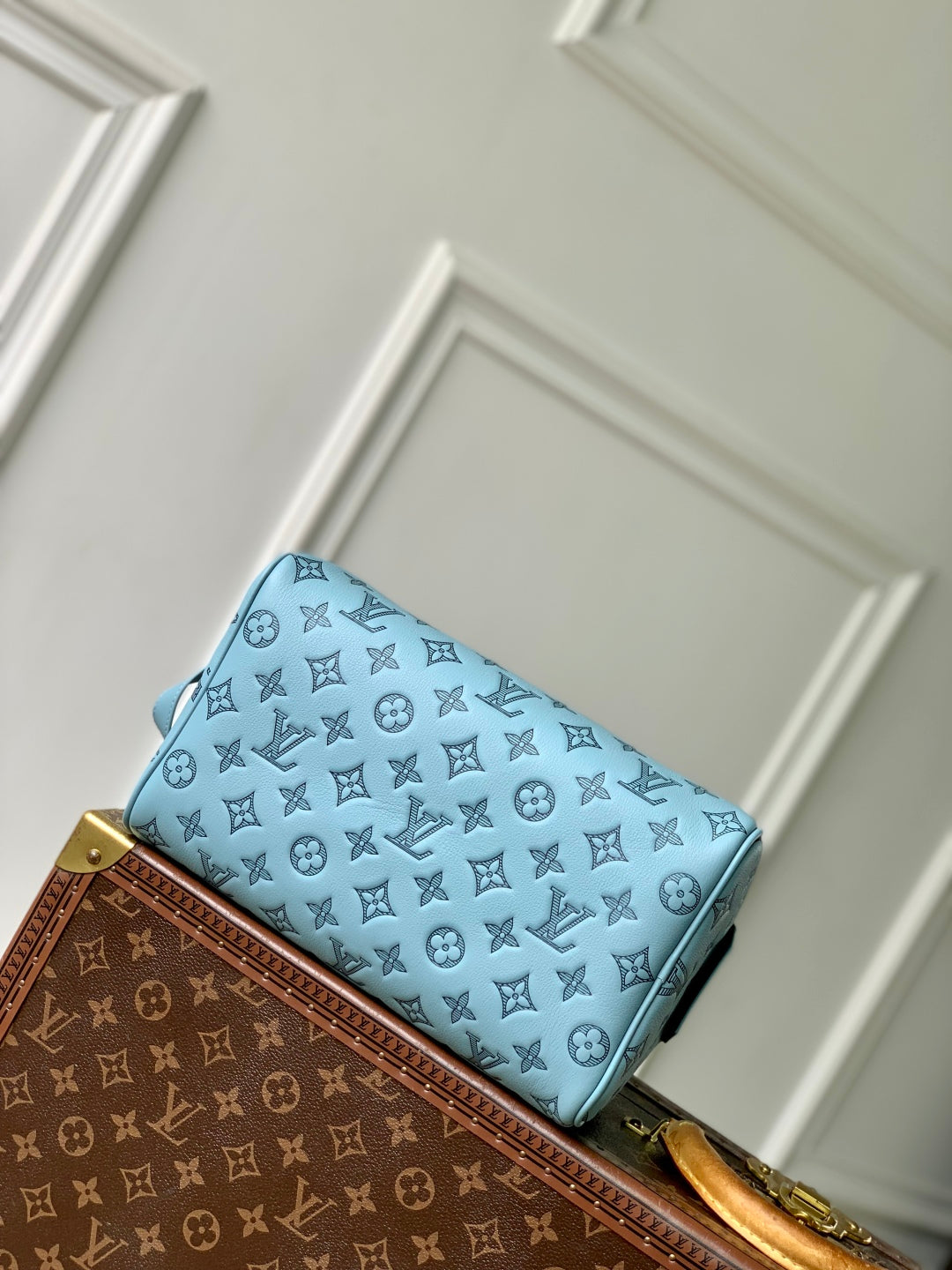 LOUIS VUITTON DOPP KIT 28 IN SKY BLUE MONOGRAM SHADOW CALFSKIN EMBOSSED LOGO