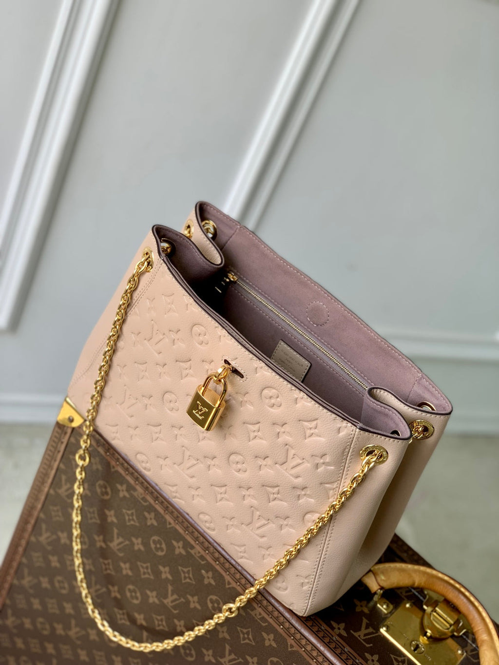 LOUIS VUITTON ANYTIME PM 34 IN NUDE PINK MONOGRAM EMPREINTE CALFSKIN