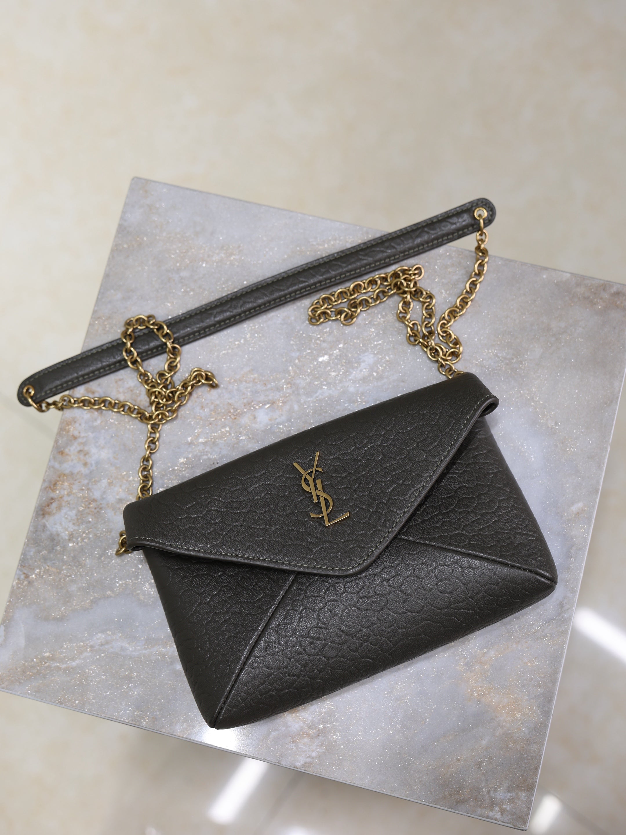 YSL 25S CALYPSO MINI 19 IN CHARCOAL GRAY LAMBSKIN GOLD HARDWARE