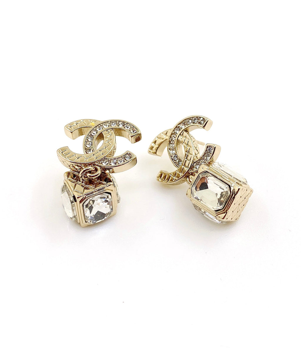 18K  Chanel Square Crystal Pendant Earrings