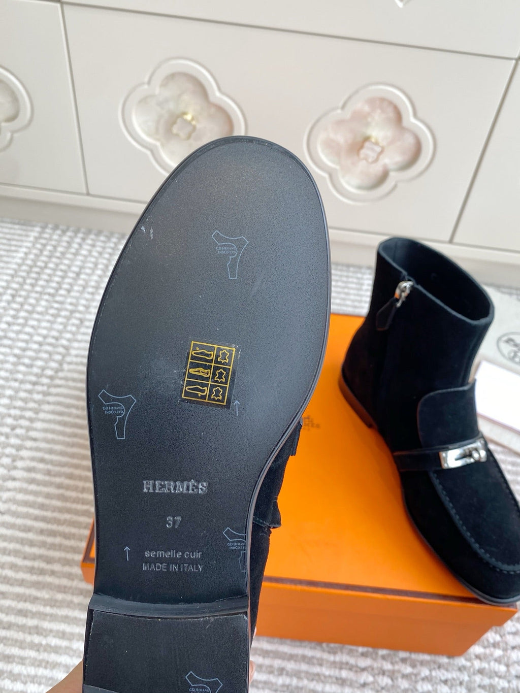 HERMES 25S KELSY ANKLE BOOT IN BLACK SUEDE WITH SILVER HARDWARE