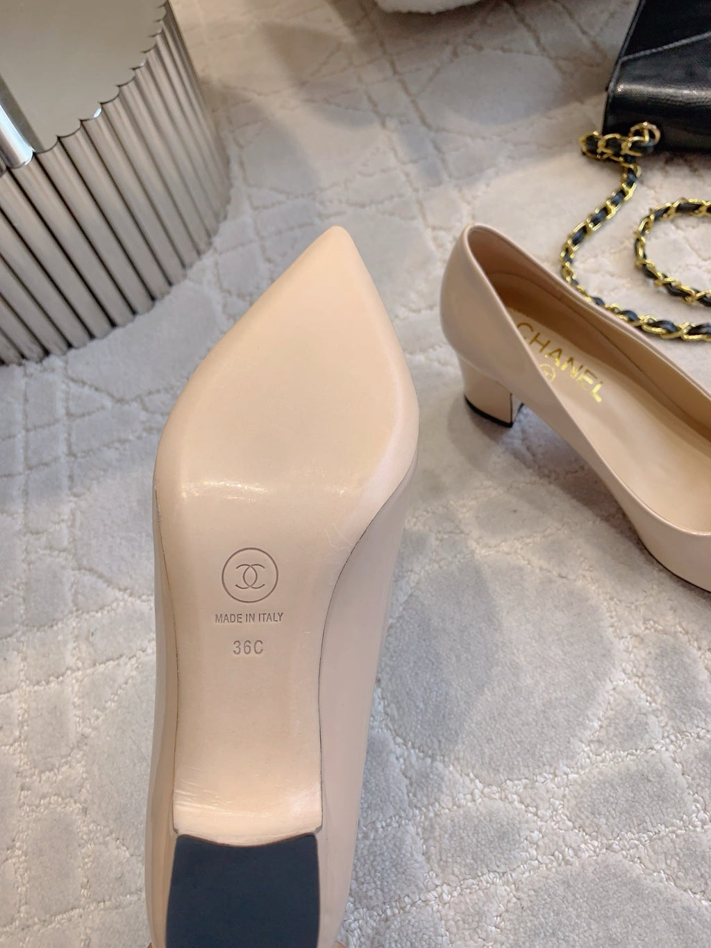 CHANEL HIGH PUMP 65 MM IN BEIGE CREAM PATENT CALFSKIN