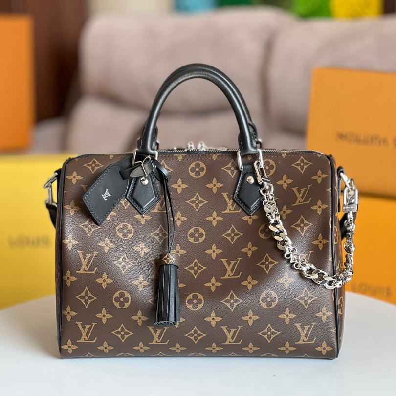 LOUIS VUITTON LV 25S SPEEDY SOFT 30 IN BROWN MONOGRAM CANVAS AND CALFSKIN SILVER HARDWARE