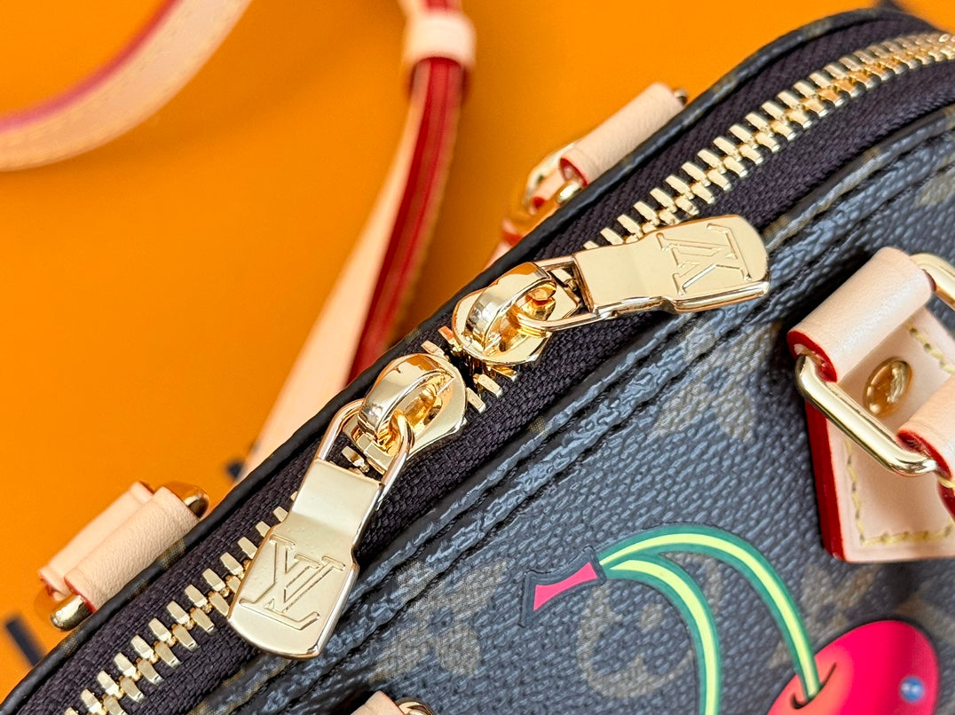 LOUIS VUITTON LV 25S NANO ALMA 18 IN DARK BROWN CANVAS MONOGRAM CHERRY PRINT GOLD HARDWARE