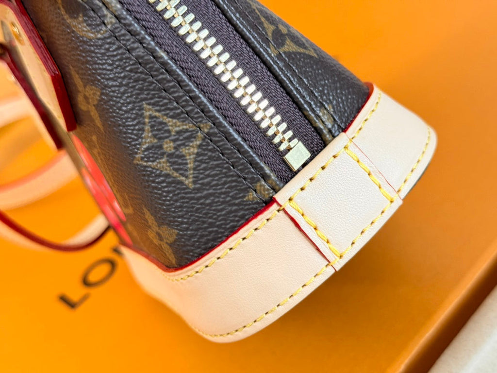 LOUIS VUITTON LV 25S NANO ALMA 18 IN DARK BROWN CANVAS MONOGRAM CHERRY PRINT GOLD HARDWARE