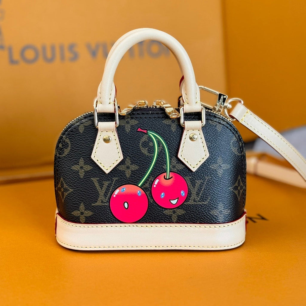LOUIS VUITTON LV 25S NANO ALMA 18 IN DARK BROWN CANVAS MONOGRAM CHERRY PRINT GOLD HARDWARE