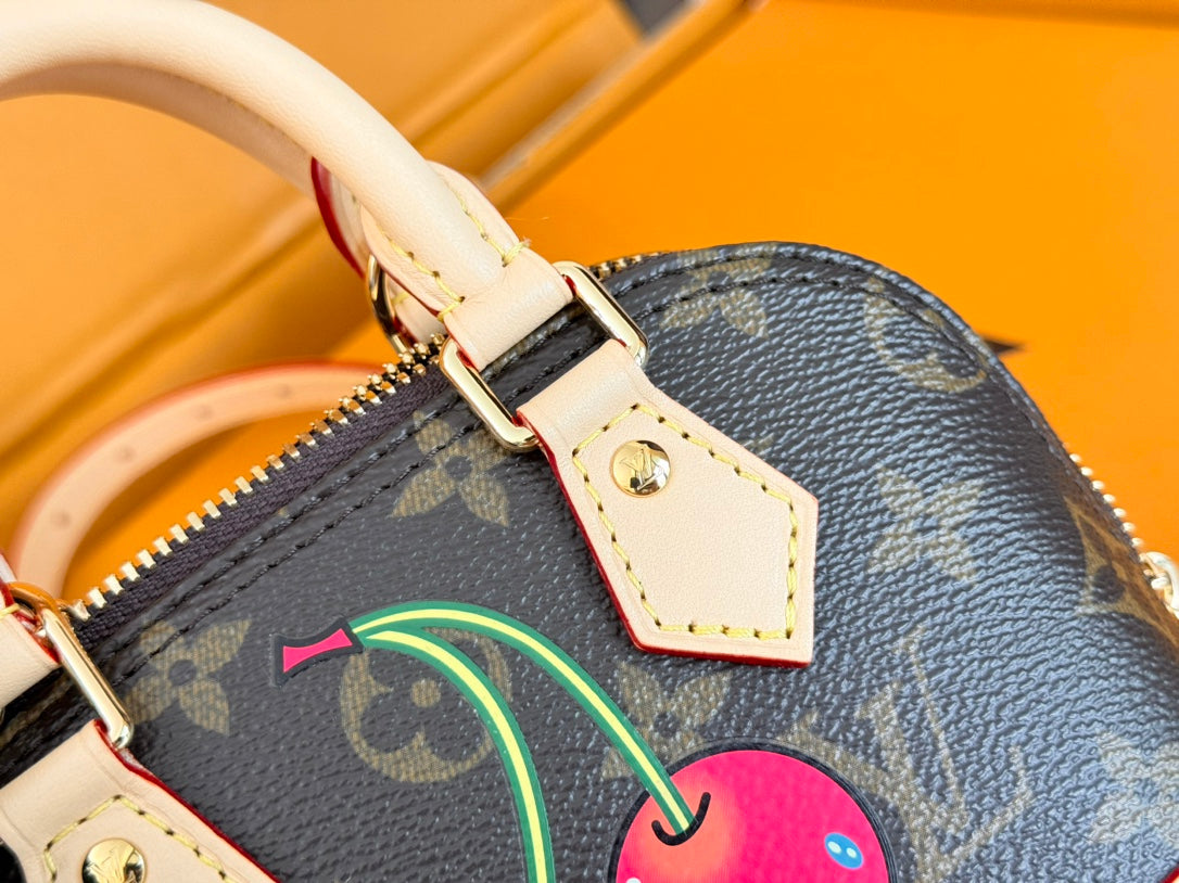 LOUIS VUITTON LV 25S NANO ALMA 18 IN DARK BROWN CANVAS MONOGRAM CHERRY PRINT GOLD HARDWARE