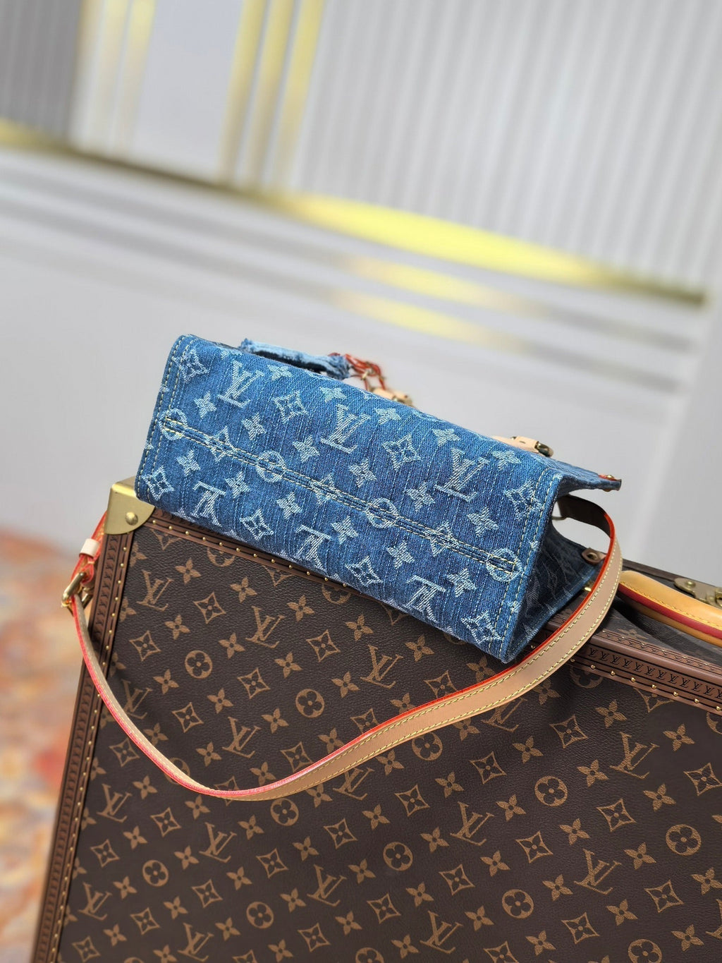 LOUIS VUITTON LV 25S ONTHEGO 28 IN BLUE MONOGRAM DENIM COTTON CALFSKIN LEATHER STRAP