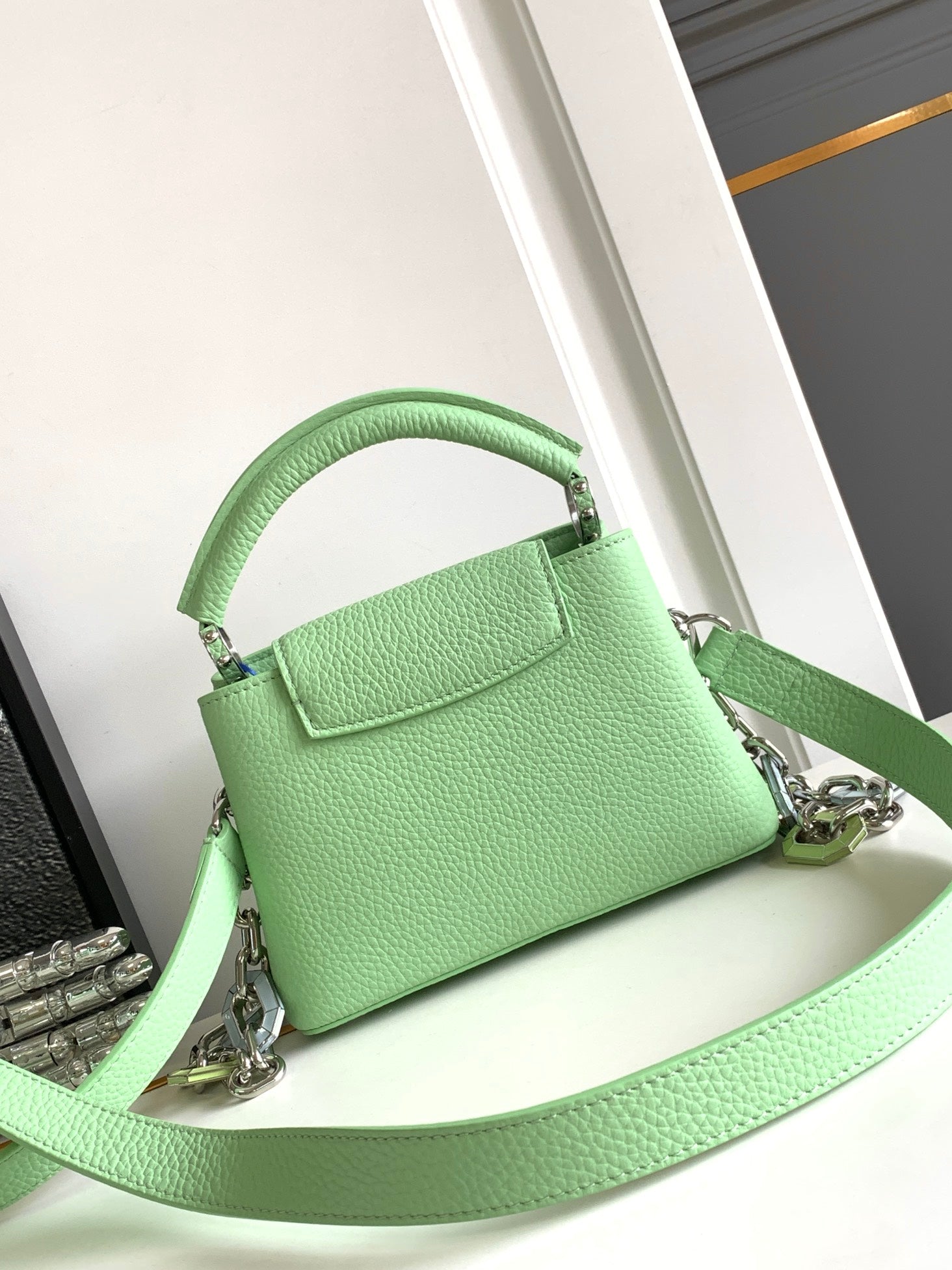 LOUIS VUITTON CAPUCINES MINI 21 IN LIGHT GREEN TAURILLON SILVER HARDWARE