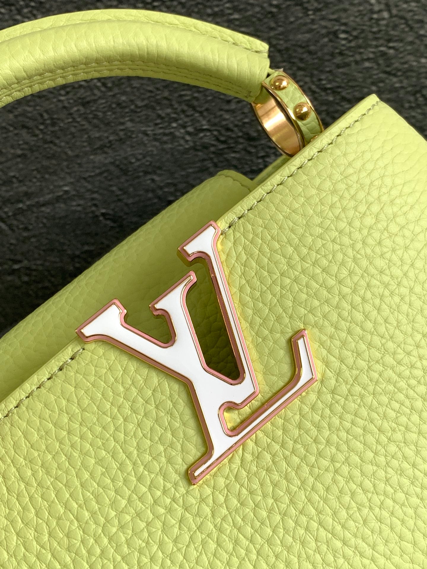 LOUIS VUITTON CAPUCINES MINI 21 IN PEAR GREEN TAURILLON GOLD HARDWARE