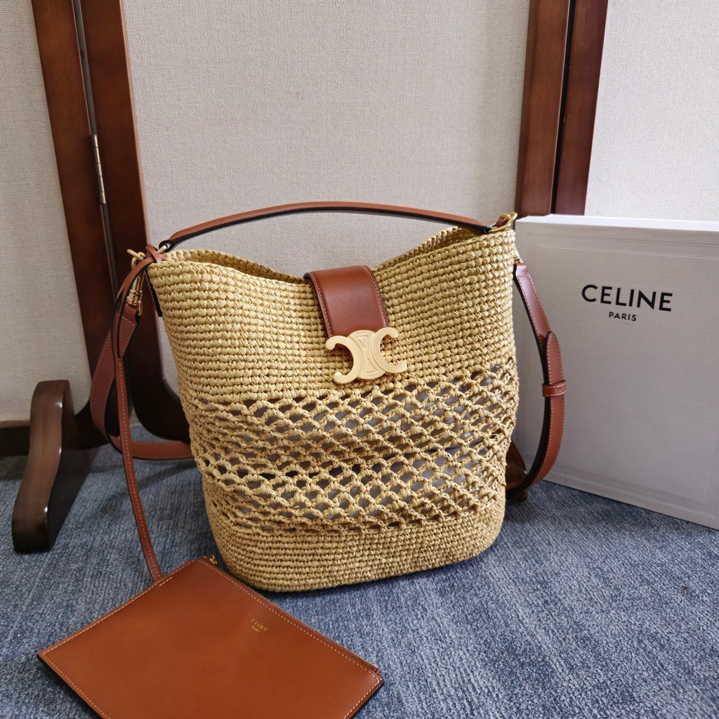 CELINE SMALL LOUISE BUCKET 25 IN BEIGE RAFFIA AND CALFSKIN