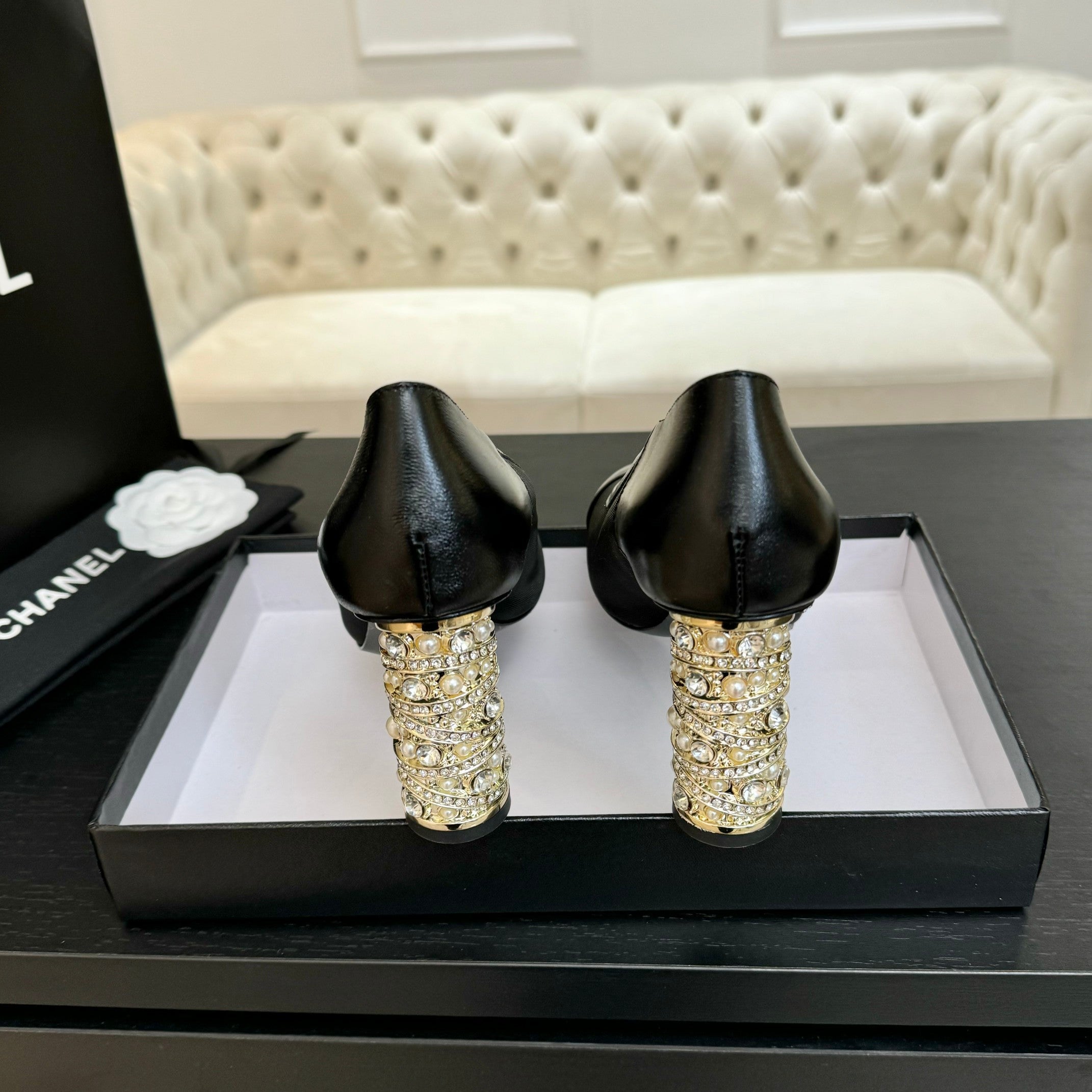 CHANEL HIGH HEEL 85 MM SANDALS IN BLACK CALFSKIN AND MESH