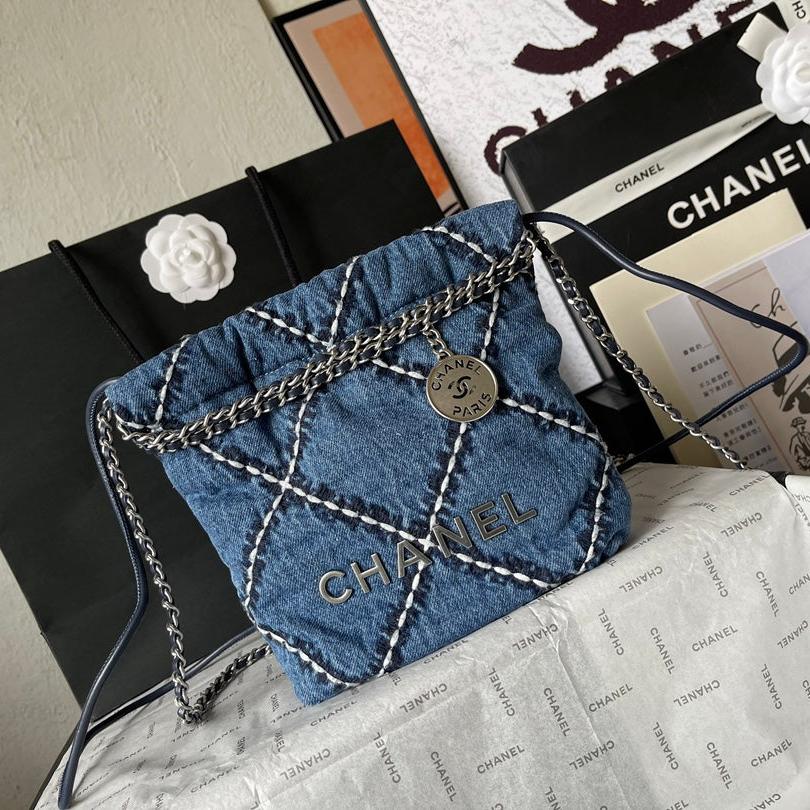 CHANEL MINI 20 CROSSBODY BAG IN BLUE DENIM WITH CHAIN